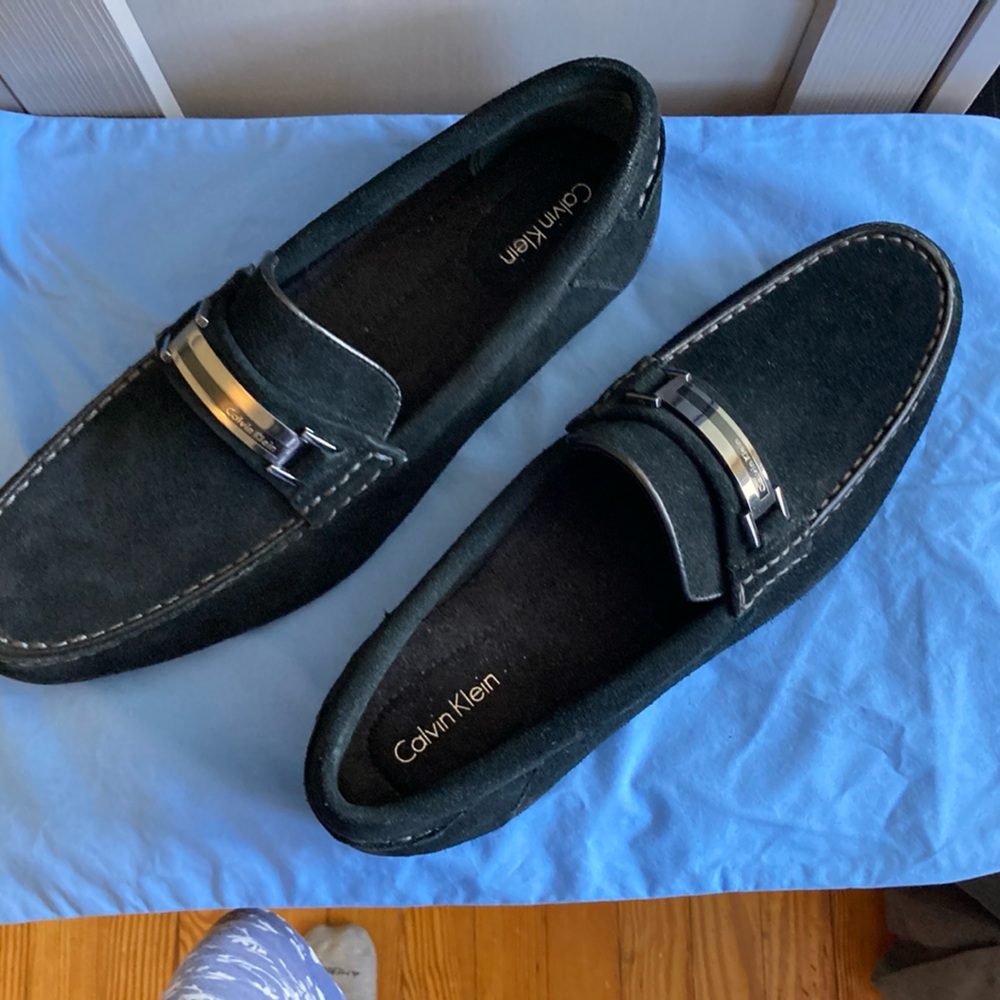 Calvin Klein Men’s Black Suede Loafers with Silver Detail Never Worn!